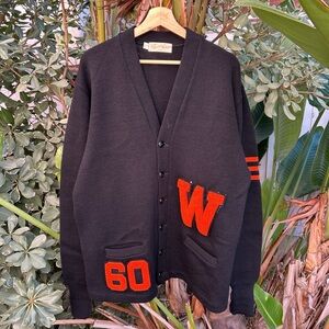 Vintage 1960s Varsity Knit Cardigan Wool Sweater Black Orange 25x29.5